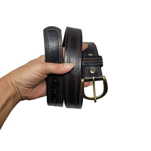 Mens Vintage 80s Scandia Woods Black Leather Belt 40 Western Rust Embroidered - Picture 1 of 10